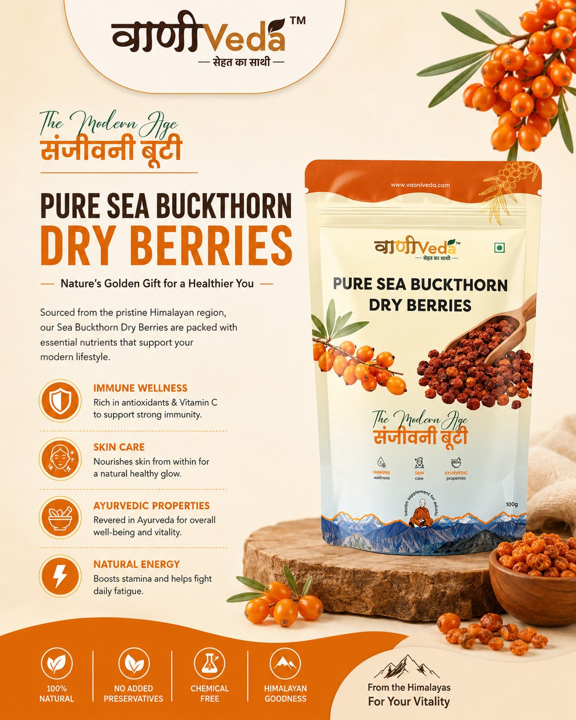 Premium Sea Buckthorn Berries (Dried Seabuckthorn) - 100gms | Vaani Veda